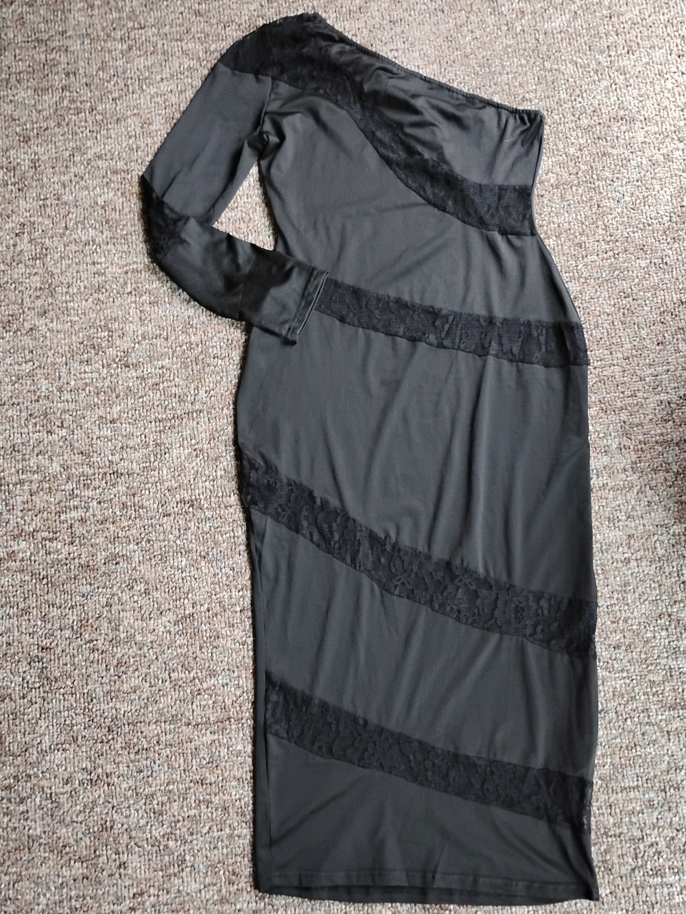 SHEIN Black One-Shoulder Lace-Panel Midi Dress